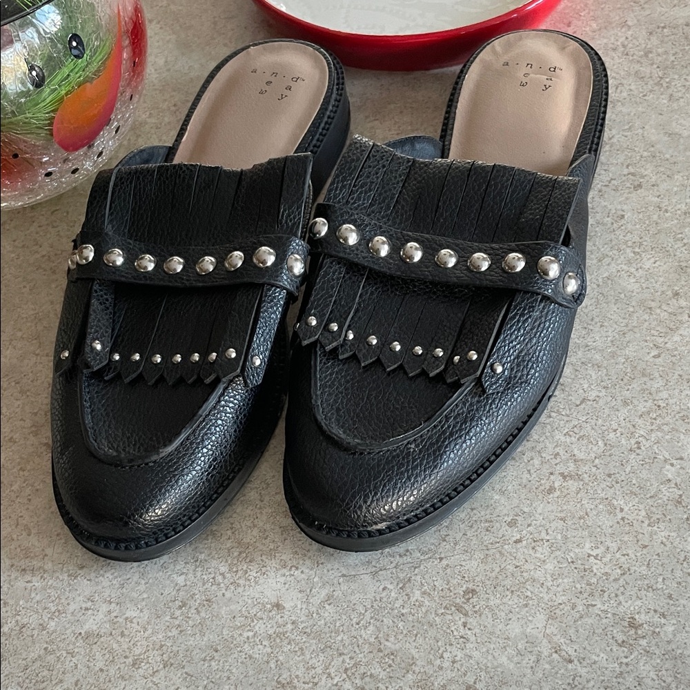 a new day Black Studded Fringe Mules